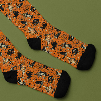 Vintage Style Halloween Graphics Orange and Black Socks