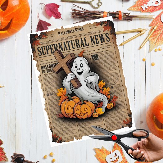 Vintage Style Halloween Newspaper Cross Ghost 