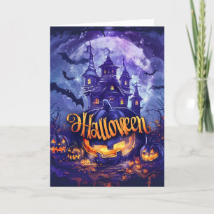 Vintage Style Haunted House and Pumpkin Halloween Holiday Card