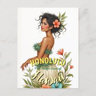 Vintage Style Hawaii Travel Honolulu Hula Girl Holiday Postcard