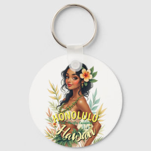 Vintage Style Hawaii Travel Honolulu Hula Girl Keychain