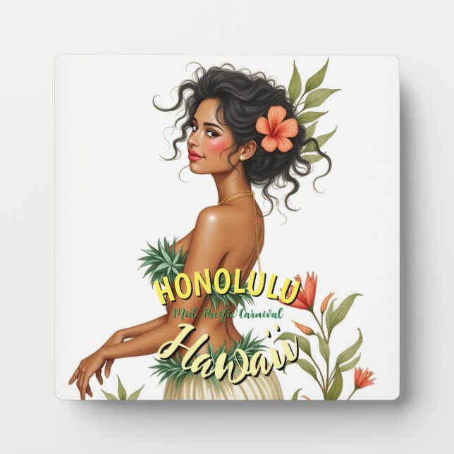 Vintage Style Hawaii Travel Honolulu Hula Girl Plaque (Front)