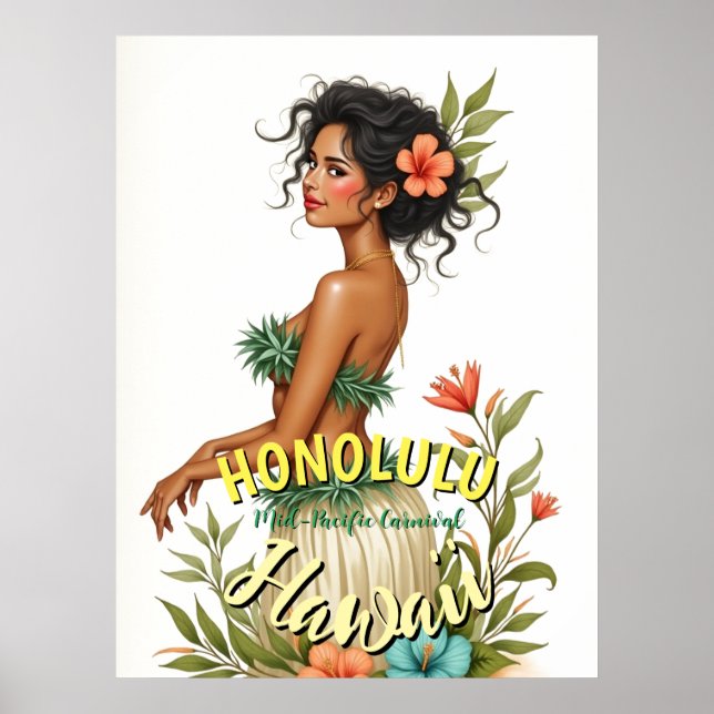 Vintage Style Hawaii Travel Honolulu Hula Girl Poster (Front)