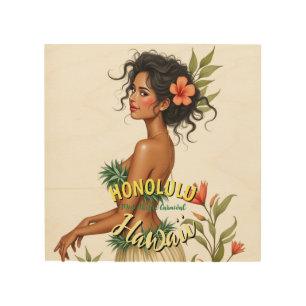 Vintage Style Hawaii Travel Honolulu Hula Girl Wood Wall Art