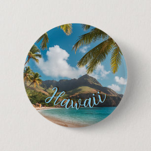 Vintage Style Hawaiian Blue Sea Palms Sky Travel Button