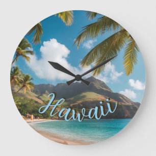 Vintage Style Hawaiian Blue Sea Palms Sky Travel Large Clock