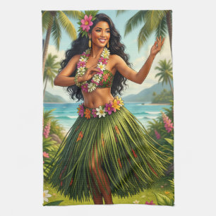 Vintage Style Hawaiian Hula Girl Travel Kitchen Towel