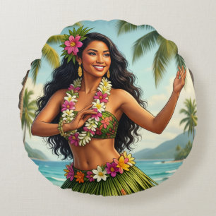 Vintage Style Hawaiian Hula Girl Travel Round Pillow