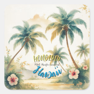 Vintage Style Hawaiian Seascape Palms Travel Art Square Sticker