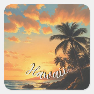 Vintage Style Hawaiian Travel Coast Sea Sunset Square Sticker