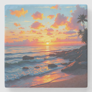 Vintage Style Hawaiian Travel Coast Sea Sunset Stone Coaster