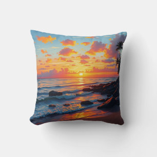 Vintage Style Hawaiian Travel Coast Sea Sunset Throw Pillow