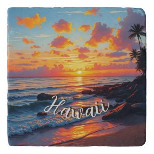 Vintage Style Hawaiian Travel Coast Sea Sunset Trivet