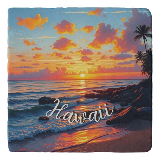 Vintage Style Hawaiian Travel Coast Sea Sunset Trivet (Front)