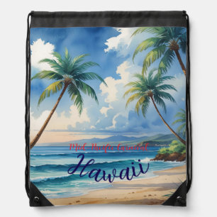 Vintage Style Hawaiian Travel Honolulu Blue Sea Drawstring Bag