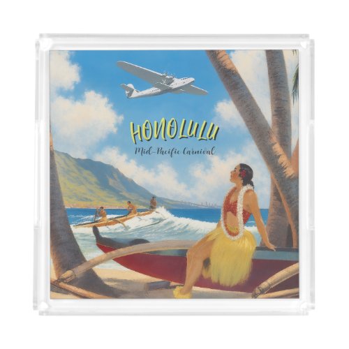 Vintage Style Hawaiian Travel Honolulu Hula Girl Acrylic Tray