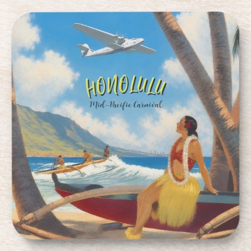 Vintage Style Hawaiian Travel Honolulu Hula Girl Beverage Coaster