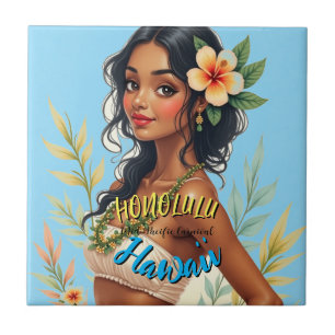 Vintage Style Hawaiian Travel Honolulu Hula Girl Ceramic Tile