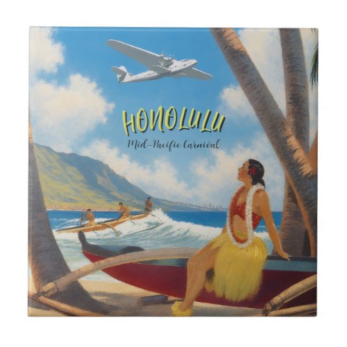 Vintage Style Hawaiian Travel Honolulu Hula Girl Ceramic Tile