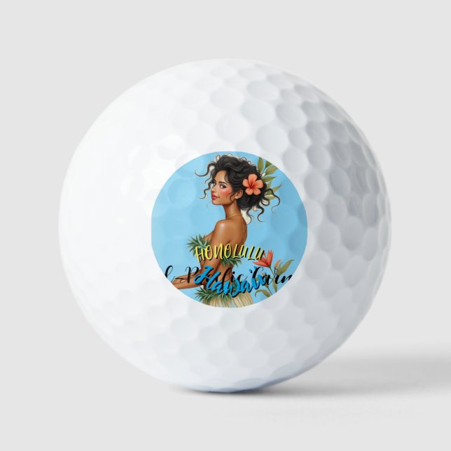 Vintage Style Hawaiian Travel Honolulu Hula Girl Golf Balls (Front)