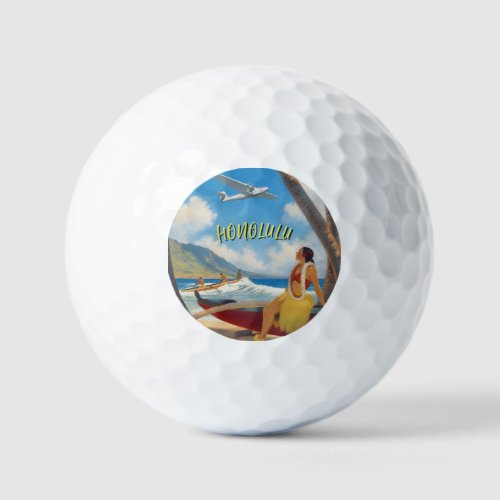 Vintage Style Hawaiian Travel Honolulu Hula Girl Golf Balls
