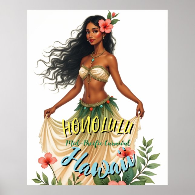 Vintage Style Hawaiian Travel Honolulu Hula Girl Poster (Front)