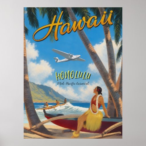 Vintage Style Hawaiian Travel Honolulu Hula Girl Poster