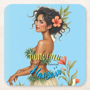 Vintage Style Hawaiian Travel Honolulu Hula Girl Square Paper Coaster
