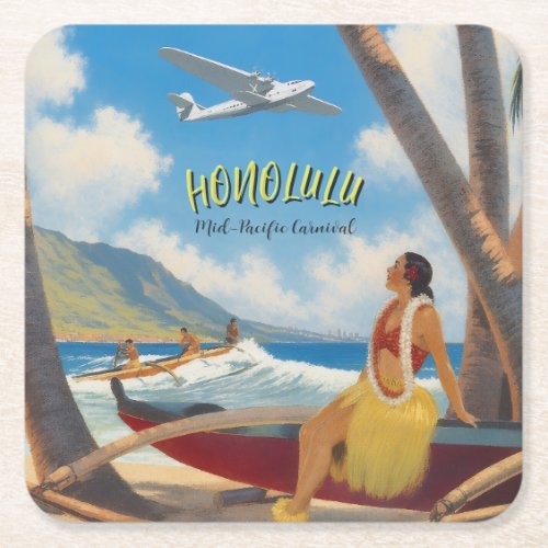 Vintage Style Hawaiian Travel Honolulu Hula Girl Square Paper Coaster
