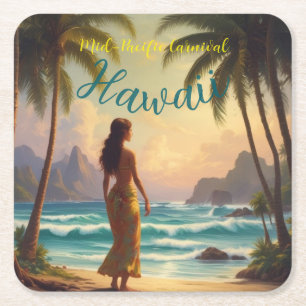 Vintage Style Hawaiian Travel Honolulu Hula Girl Square Paper Coaster