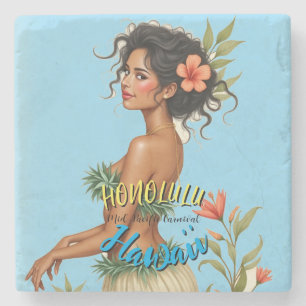 Vintage Style Hawaiian Travel Honolulu Hula Girl Stone Coaster