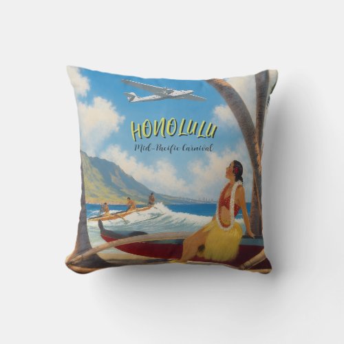 Vintage Style Hawaiian Travel Honolulu Hula Girl Throw Pillow