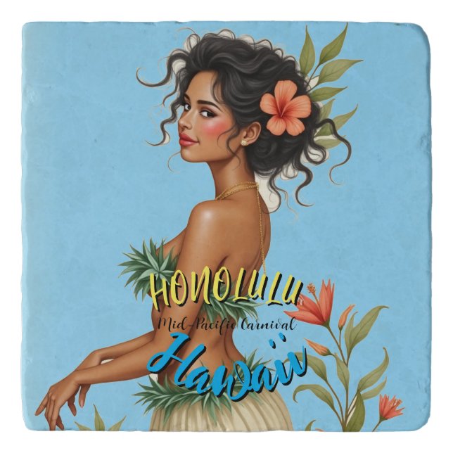 Vintage Style Hawaiian Travel Honolulu Hula Girl Trivet (Front)
