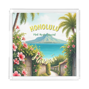 Vintage Style Hawaiian Travel Honolulu Mid-Pacific Acrylic Tray