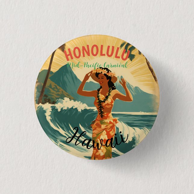 Vintage Style Hawaiian Travel Honolulu Mid-Pacific Button (Front)