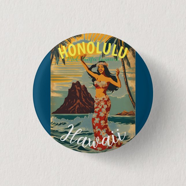 Vintage Style Hawaiian Travel Honolulu Mid-Pacific Button (Front)