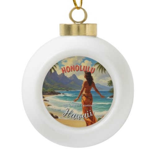 Vintage Style Hawaiian Travel Honolulu Mid-Pacific Ceramic Ball Christmas Ornament