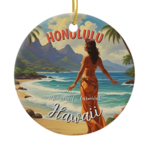Vintage Style Hawaiian Travel Honolulu Mid-Pacific Ceramic Ornament