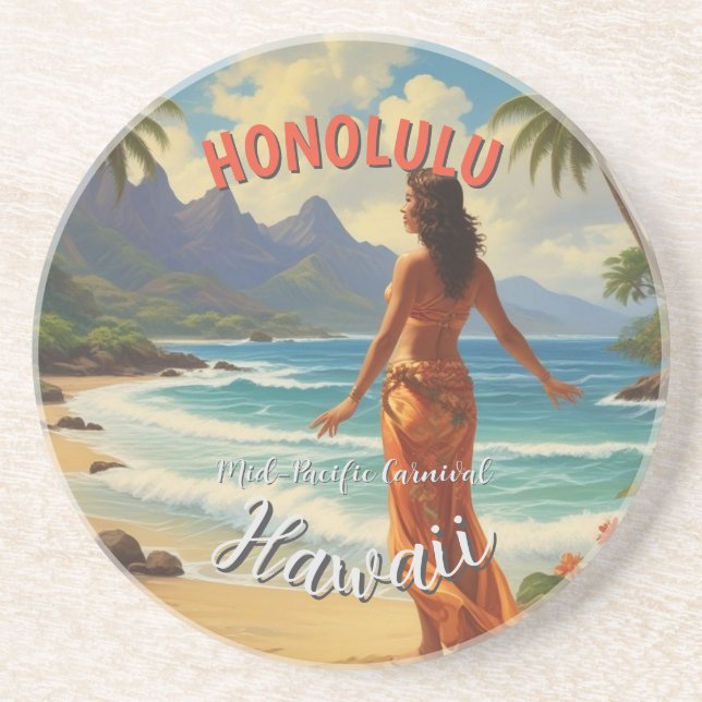 Vintage Style Hawaiian Travel Honolulu Mid-Pacific Coaster (Front)
