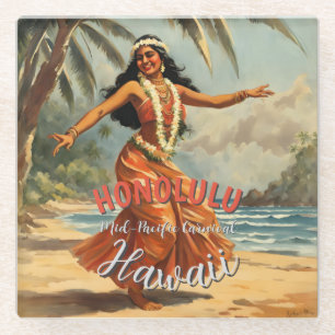Vintage Style Hawaiian Travel Honolulu Mid-Pacific Glass Coaster