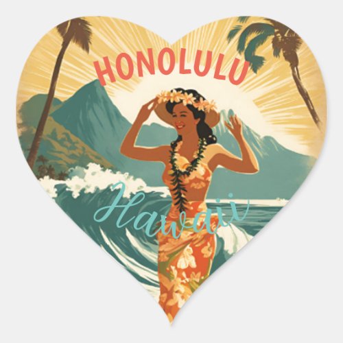 Vintage Style Hawaiian Travel Honolulu Mid_Pacific Heart Sticker