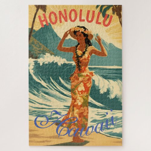 Vintage Style Hawaiian Travel Honolulu Mid_Pacific Jigsaw Puzzle