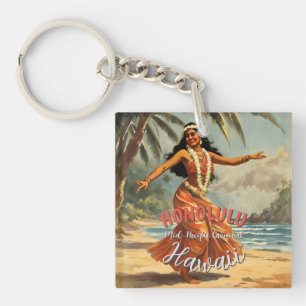 Vintage Style Hawaiian Travel Honolulu Mid-Pacific Keychain