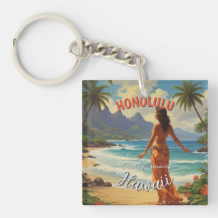 Vintage Style Hawaiian Travel Honolulu Mid-Pacific Keychain