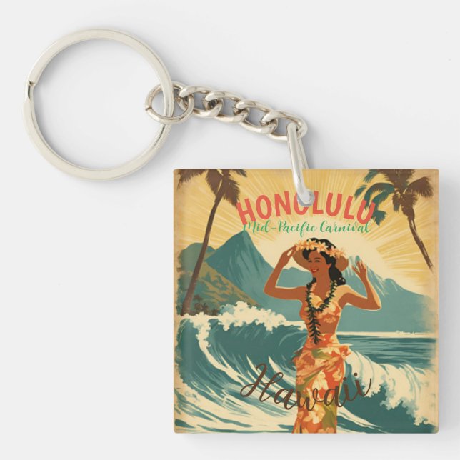 Vintage Style Hawaiian Travel Honolulu Mid-Pacific Keychain (Front)