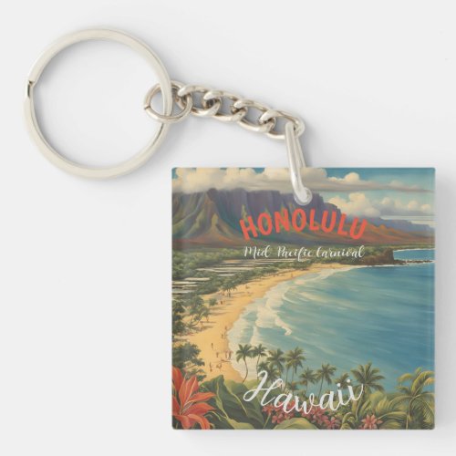 Vintage Style Hawaiian Travel Honolulu Mid_Pacific Keychain