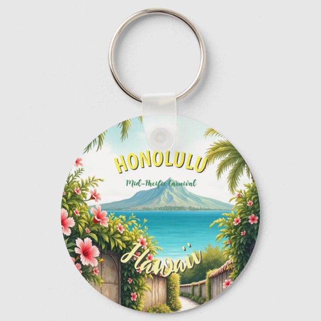 Vintage Style Hawaiian Travel Honolulu Mid-Pacific Keychain (Front)