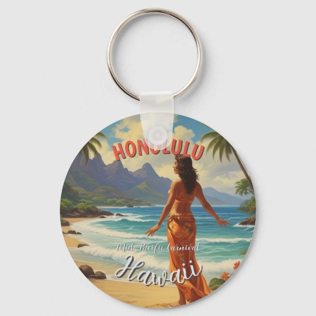Vintage Style Hawaiian Travel Honolulu Mid-Pacific Keychain (Front)