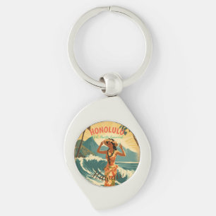 Vintage Style Hawaiian Travel Honolulu Mid-Pacific Keychain
