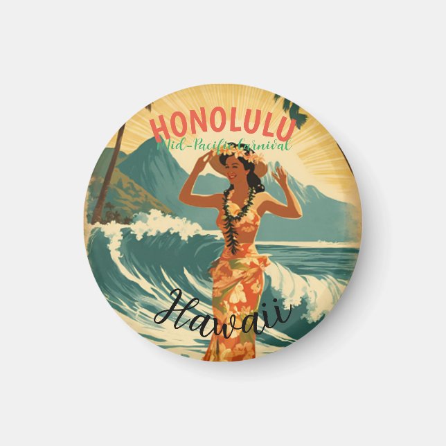 Vintage Style Hawaiian Travel Honolulu Mid-Pacific Magnet (Front)